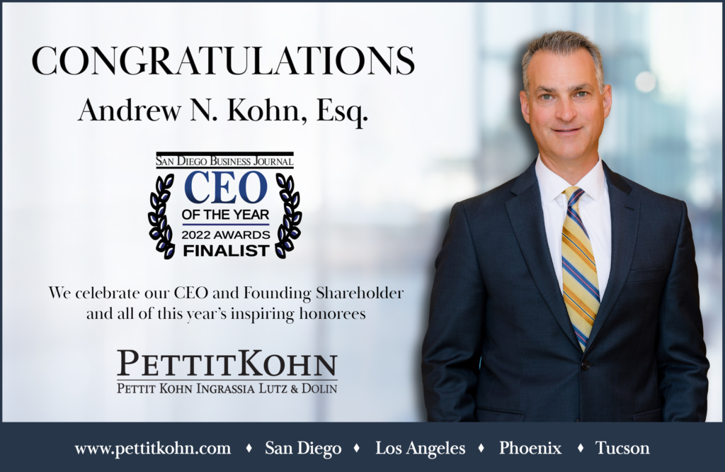 Congratulations ad for San Diego Business Journal CEO of the Year Finalist, Andrew N. Kohn