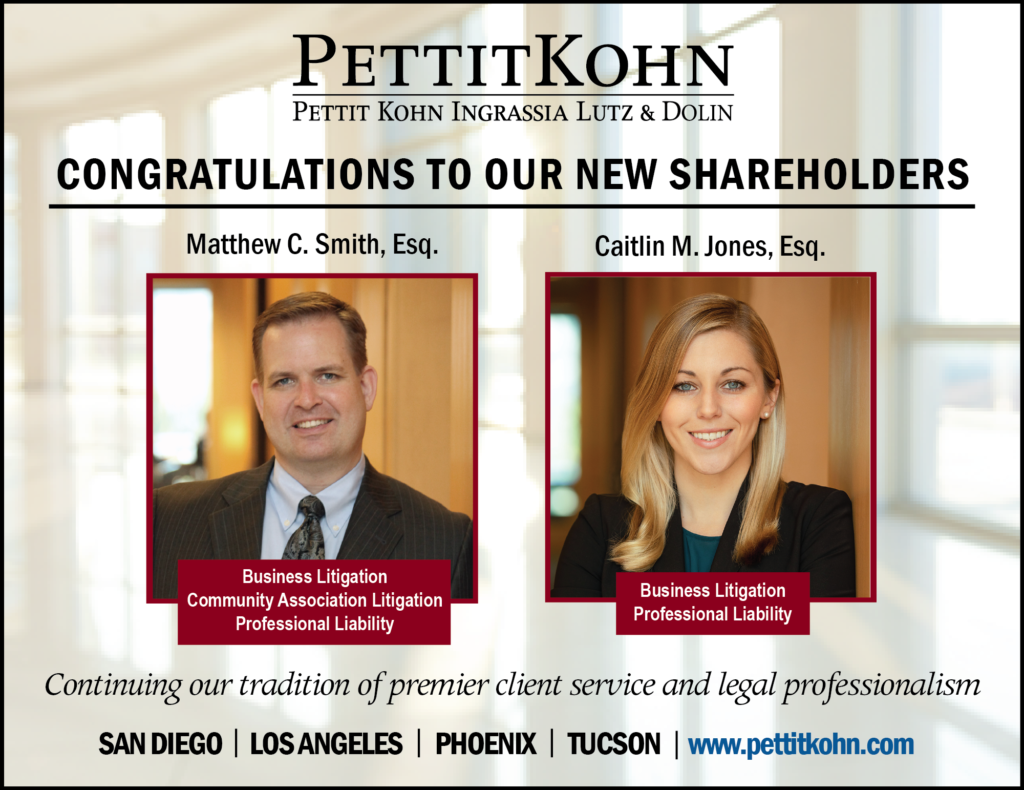 Pettit Kohn Ingrassia Lutz & Dolin ad promoting new shareholders Matt Smith (left) and Caitlin Jones (right).